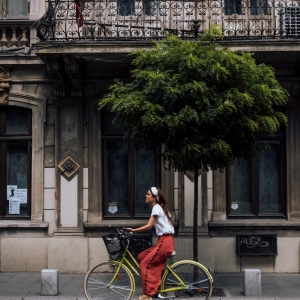 Red pants on a bike